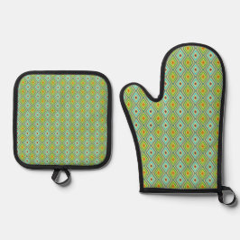 Groen Blauw Koele Tinten Diamant Patroon  Ovenwant & Pannenlap Set