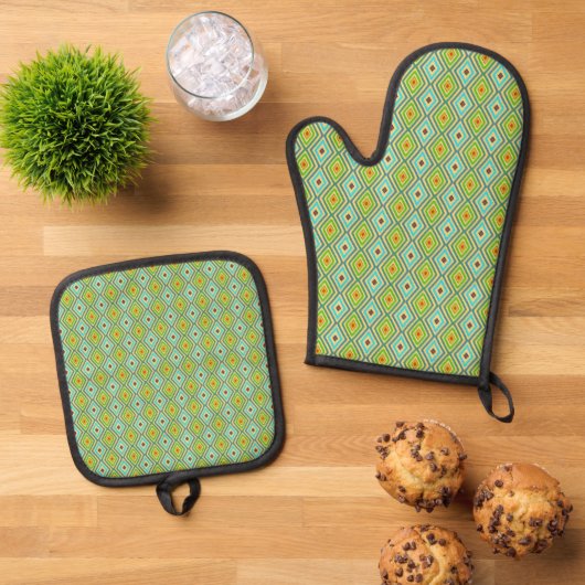 Groen Blauw Koele Tinten Diamant Patroon  Ovenwant & Pannenlap Set (Top down)
