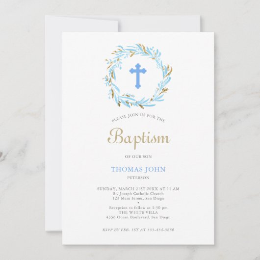 Groen Blauw Kruis Goud Elegant Baby Jongen Doop Kaart (Voorkant)