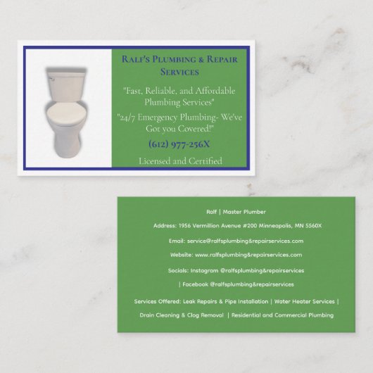 Groen Blauw Loodgieter Loodgieter Diensten Toilet Visitekaartje (Voorkant / Achterkant)
