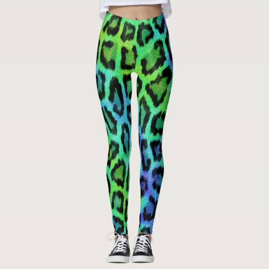 Groen Blauw Luipaard Print Leggings (Voorkant)