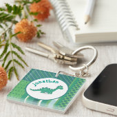 Groen/blauw met leuke dinosaurus dier jongens naam sleutelhanger (Voorkant Rechts)