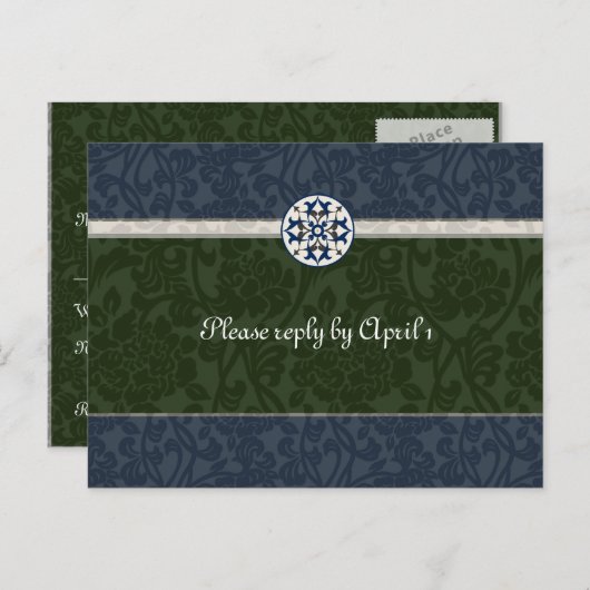 Groen & Blauw Middeleeuwse Brocade RSVP Uitnodiging Briefkaart (Voorkant / Achterkant)