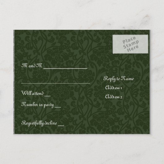 Groen & Blauw Middeleeuwse Brocade RSVP Uitnodiging Briefkaart (Achterkant)