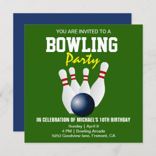 Groen Blauw Modern Bowling Party Verjaardag Uitnod Kaart
