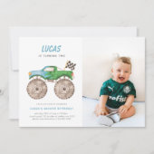 Groen Blauw Monster Truck Verjaardag Foto Uitnodig Kaart (Voorkant)