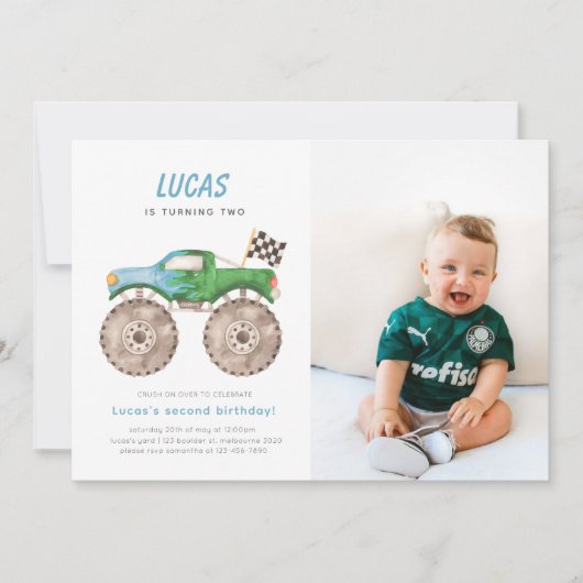 Groen Blauw Monster Truck Verjaardag Foto Uitnodig Kaart (Voorkant)