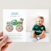 Groen Blauw Monster Truck Verjaardag Foto Uitnodig Kaart