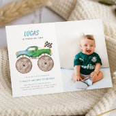 Groen Blauw Monster Truck Verjaardag Foto Uitnodig Kaart