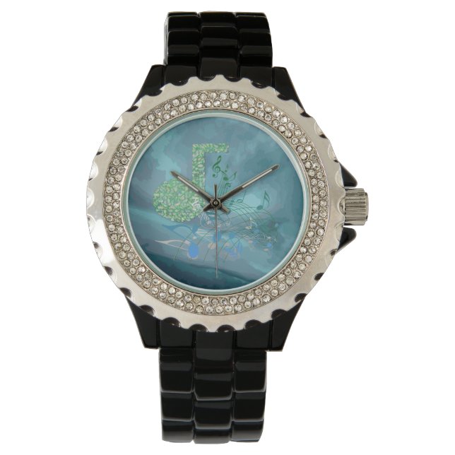 Groen & Blauw Muzieknoten Abstract 2 Horloge (Voorkant)