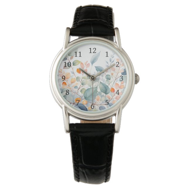 Groen Blauw Oranje Bladeren Loof Horloge (Voorkant)