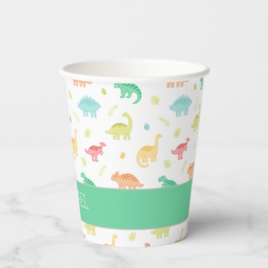 Groen Blauw Pastel Dino Verjaardag Party Cup Papieren Bekers (Achterkant)