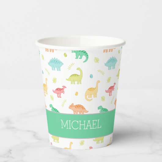 Groen Blauw Pastel Dino Verjaardag Party Cup Papieren Bekers (Links)