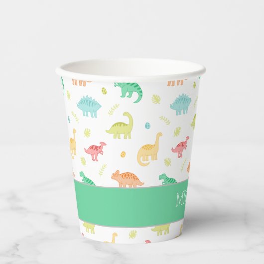 Groen Blauw Pastel Dino Verjaardag Party Cup Papieren Bekers (Voorkant)