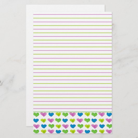 Groen Blauw Pastel Waterverf Harten bekleed Briefpapier (Voorkant / Achterkant)