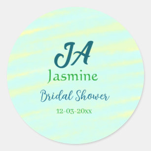 Groen blauw pastelkleur waterverf bruidsdouche naa ronde sticker