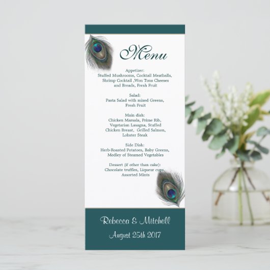 Groen blauw pauw veren Menu Rack Kaart (Staand voorkant)