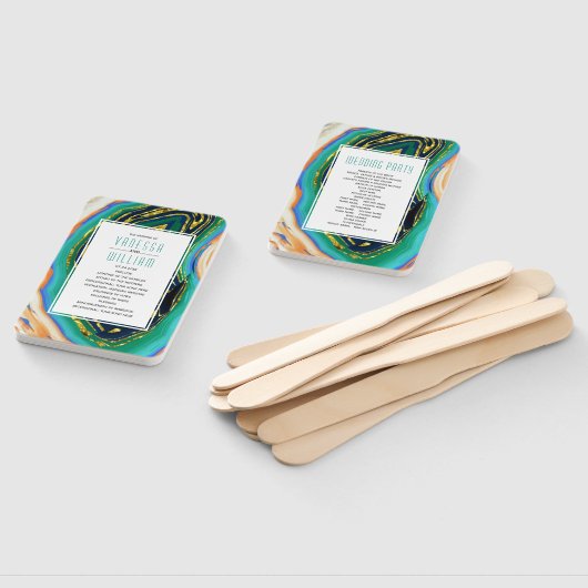 Groen, blauw, perzik agaat gouden folie bruiloft p handwaaier (Niet-gemonteerd)