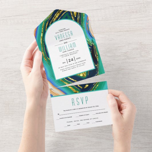 Groen, blauw, perzikagaat, gouden bruinbruin-bruin all in one uitnodiging (Afscheurbaar)