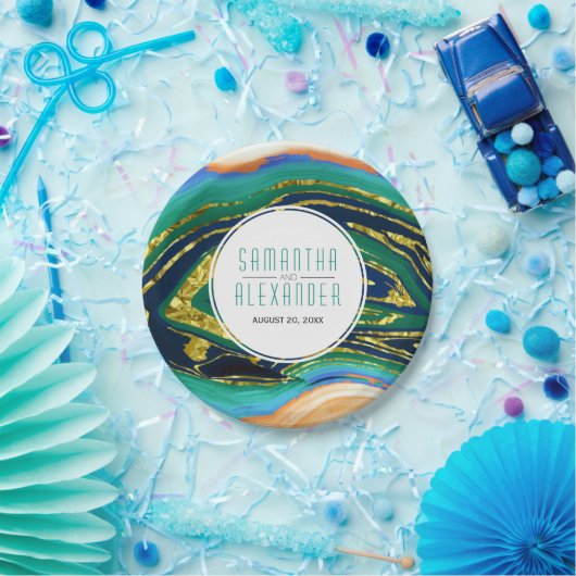 Groen, blauw, perzikgoud folie agate, lijst bruilo papieren bordje (Feest)