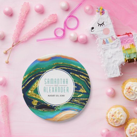 Groen, blauw, perzikgoud folie agate, lijst bruilo papieren bordje (Feest)