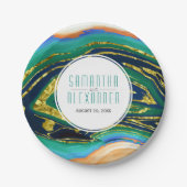 Groen, blauw, perzikgoud folie agate, lijst bruilo papieren bordje (Voorkant)