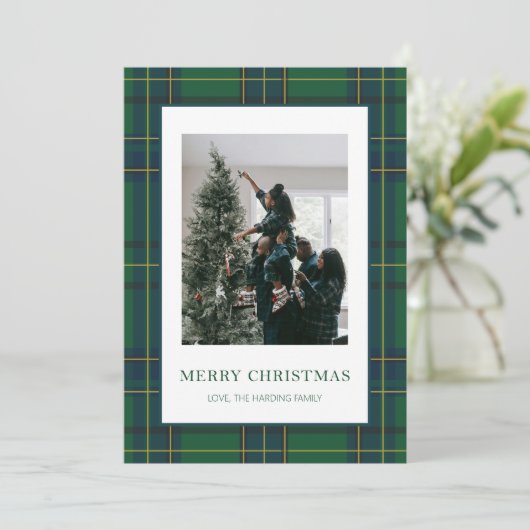Groen & Blauw Plaid 1 Foto Kerst Kaart (Staand voorkant)