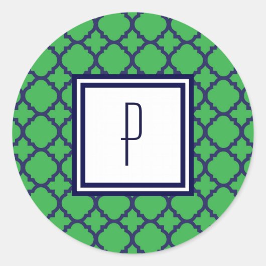 Groen Blauw Quatrefoil Monogram Stickers (Voorkant)