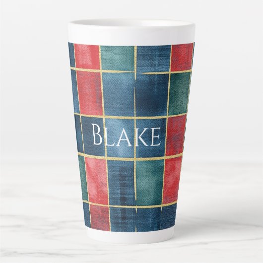 Groen Blauw Rood Goud Geruit Gestreept Latte Mok (Voorkant)