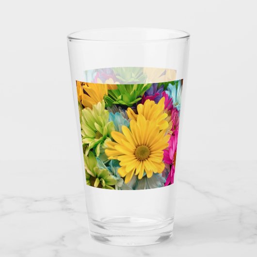 Groen Blauw Roze Gele Daisies Glas (Voorkant)