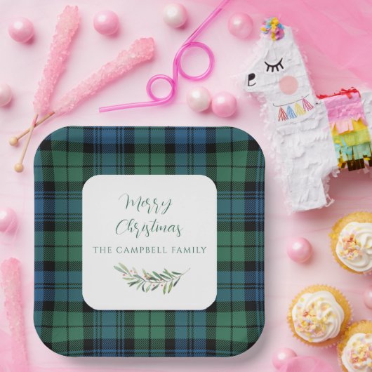 Groen Blauw Rustiek Plaid Kerstvakantie Tartan Papieren Bordje (Feest)