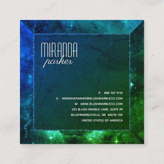 Groen blauw Starfield Stardust Galaxy Square Vierkante Visitekaartje (Achterkant)