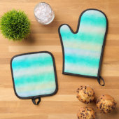 Groen Blauw Strepen Oven Mitt en Pothouder Set (Top down)
