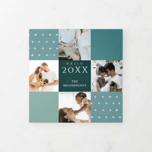 Groen Blauw Teal Geruit 7 Foto Hallo 2022 Nieuw Ja Drieluik Wenskaart