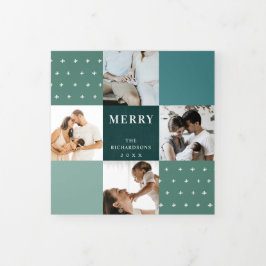 Groen Blauw Teal Geruit 7 Foto Prettig Kerstfeest Drieluik Wenskaart