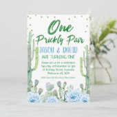 Groen Blauw Twins Een Prickly Pair 1e Verjaardag Kaart (Staand voorkant)