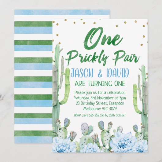 Groen Blauw Twins Een Prickly Pair 1e Verjaardag Kaart (Voorkant / Achterkant)