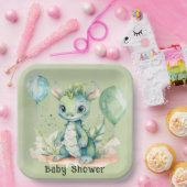 Groen Blauw Waterverf Dragon Boy Baby shower Papieren Bordje (Feest)
