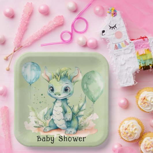 Groen Blauw Waterverf Dragon Boy Baby shower Papieren Bordje (Feest)
