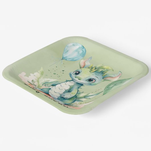 Groen Blauw Waterverf Dragon Boy Baby shower Papieren Bordje (Gebogen)