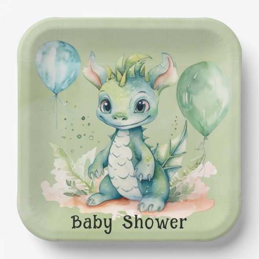Groen Blauw Waterverf Dragon Boy Baby shower Papieren Bordje (Voorkant)