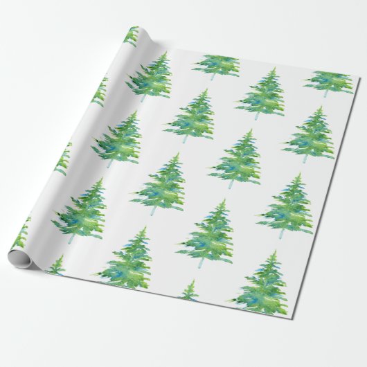 Groen blauw Waterverf Pine Tree Patroon Cadeaupapier (Uitgerold)