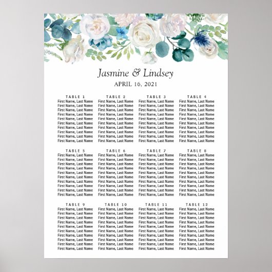 Groen Blauw Wit Bloemen Trouwstoel Grafiek Poster (Voorkant)