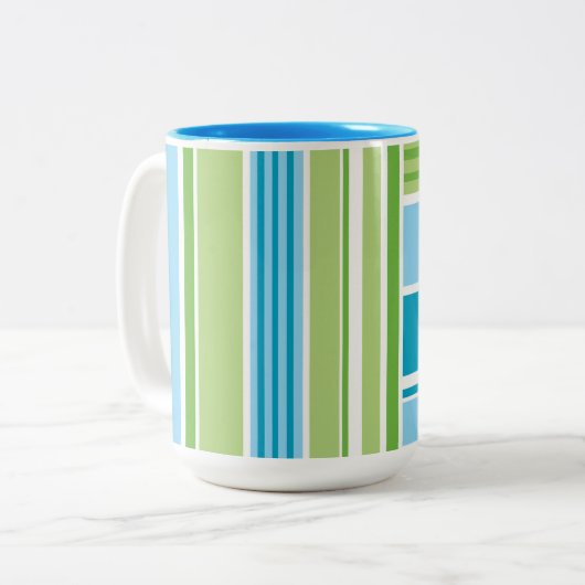 Groen blauw wit lijnstripe patroon tweekleurige koffiemok (Voorkant links)