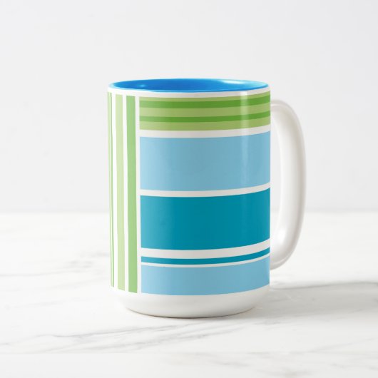 Groen blauw wit lijnstripe patroon tweekleurige koffiemok (Voorkant rechts)