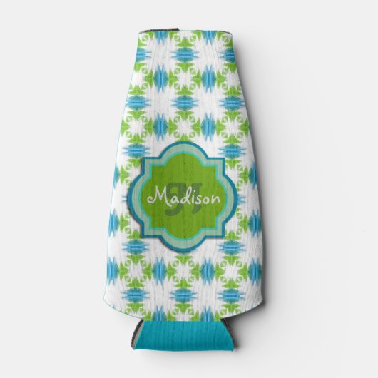 Groen, Blauw, Wit Monogram Funky Geometrisch Flesjeskoeler (Voorkant)