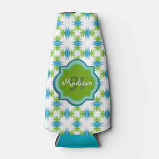 Groen, Blauw, Wit Monogram Funky Geometrisch Flesjeskoeler