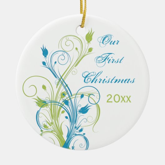 Groen blauw wit "Ons eerste kerstfeest" Ornament (Voorkant)