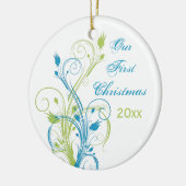Groen blauw wit "Ons eerste kerstfeest" Ornament (Links)