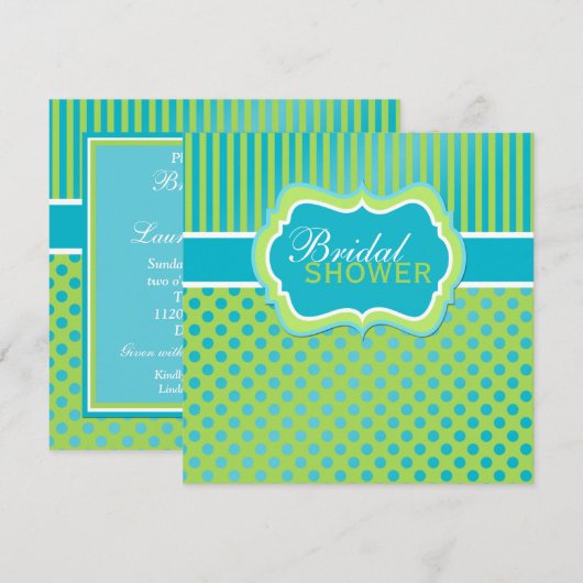 Groen Blauw Wit Polka Dot Streep Douche Invite Kaart (Voorkant / Achterkant)